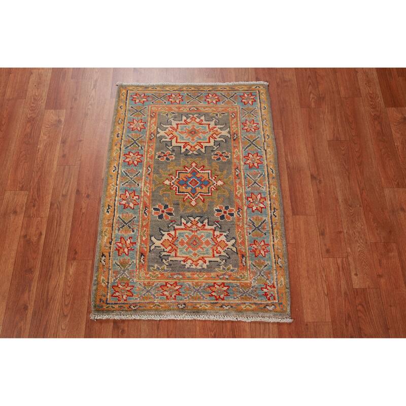 Gray Geometric Kazak Oriental Accent Foyer Rug Handmade Wool Carpet - 2'0"x 3'0"