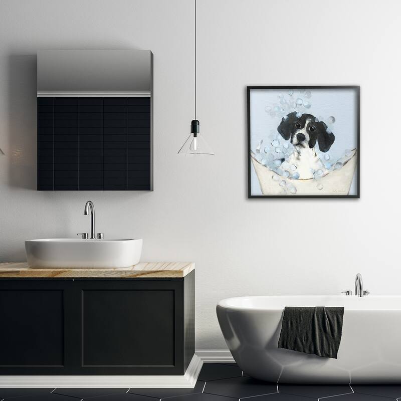 Stupell Black & White Puppy in Tub Framed Giclee Art Design By Sally Swatland