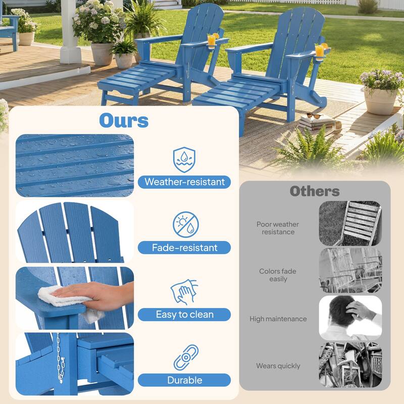 Outsunny Folding Adirondack Chair Set of 2, Outdoor HDPE Fire Pit Chair with Retractable Ottoman