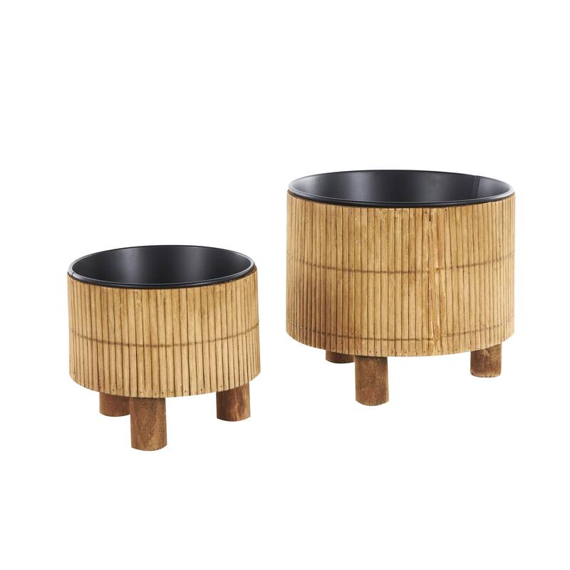 Bamboo Wood Handmade Indoor Planter with Black Metal Interior - Set of 2 Brown - Roche River Decor