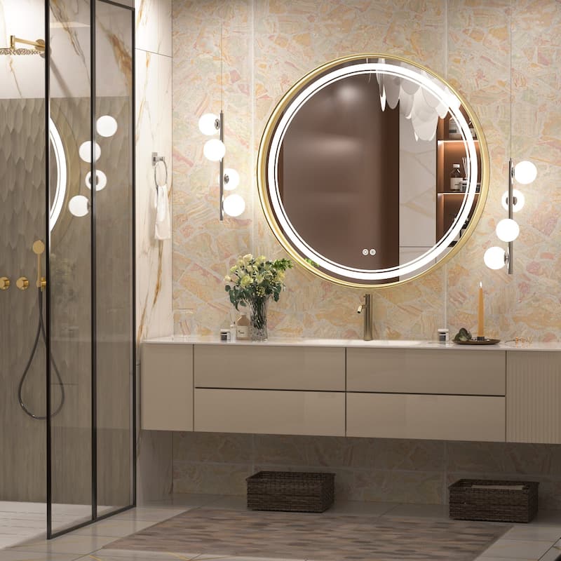 KEONJINN Round LED Front Light Bathroom Vanity Wall Mirror 3 Colors, Anti-fog, Metal Frame