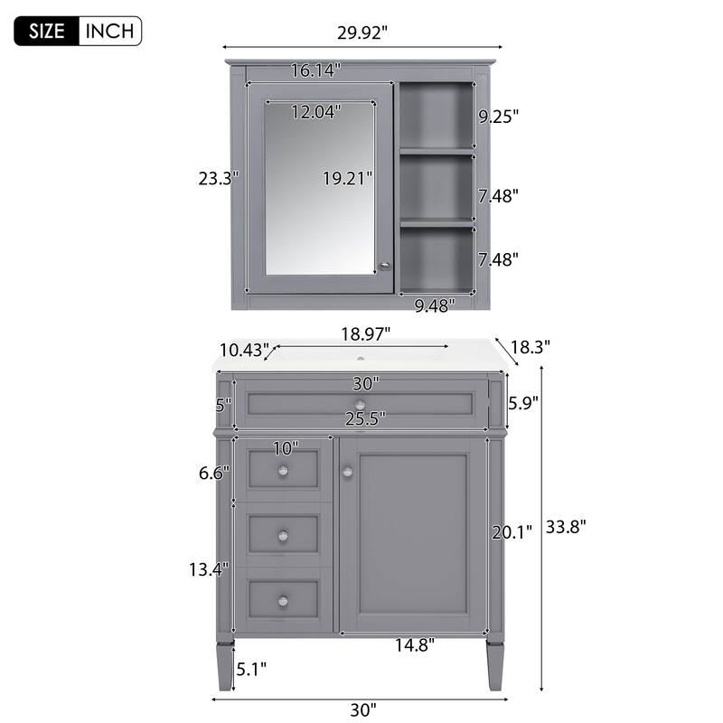GDFStudio - Ravensden Modern Freestanding Bathroom Vanity Set with Ceramic Sink and Mirror Cabinet with a Tip-out Drawer - 30'W