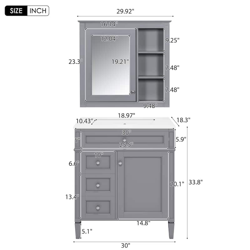 Roomfitters 30" Vanity with Sink, Cabinet with 2 Drawers and Tip-out Tray, Set with Mirror Cabinet, Freestanding Design