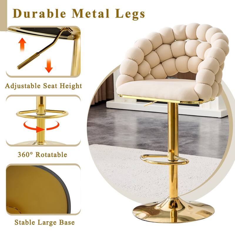 Set of 2 Puffy Bubble Chair Ball Chain Chair Velvet Bar Stools with Gold Legs, Modern Tufted Adjustable Bar Chairs