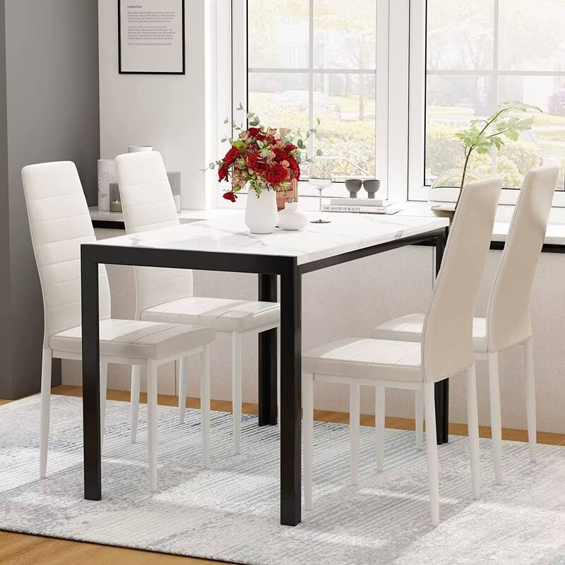 Eureka 5 Piece Modern Faux Marble Dining Set, Kitchen Table Set with 4 Upholstered PU Leather Chairs, Dining Table Set