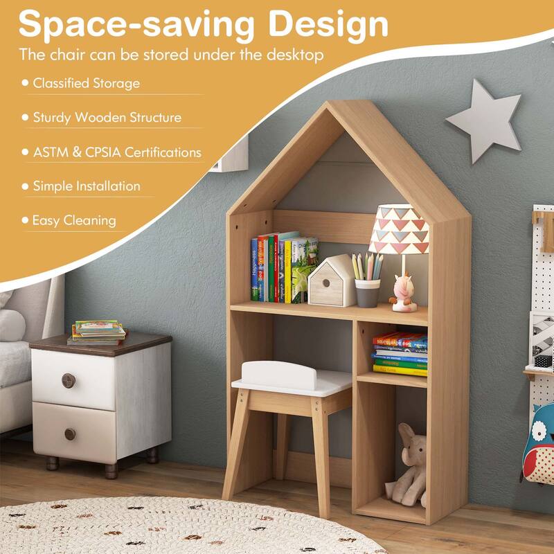Costway Kids House-Shaped Table & Chair Set Wooden Toy Organizer - See Details