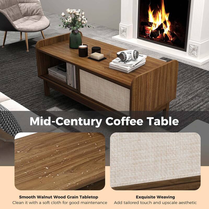 Costway Rectangular Coffee Table with Storage Weaving Sliding Door & - See Details