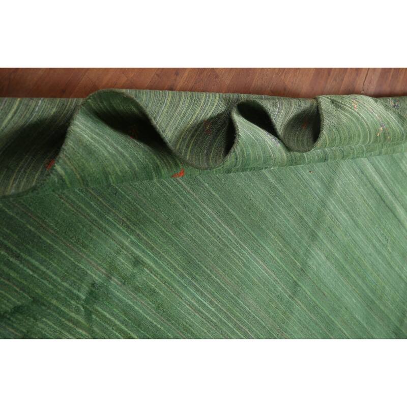 Striped Green Gabbeh Oriental Area Rug Handmade Silk Carpet - 9'1"x 11'5"