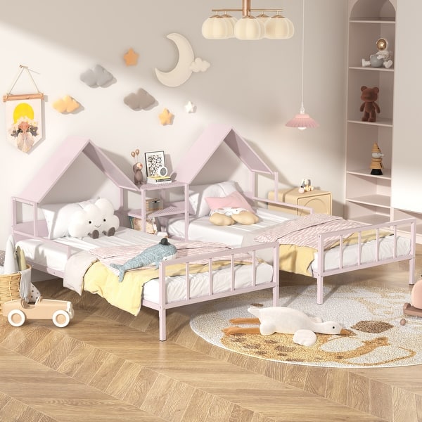 slide 2 of 9, Kids and Baby Twin Size Double Platform Bed with House-shaped Headboard,Built-in Nightstand Pink