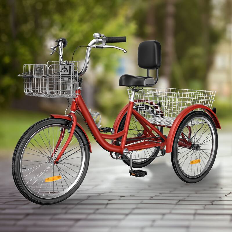 24"/"26" 7-Speed Adult Tricycle Trike 3-Wheel Bikes w/Removable Basket - 24" - Matten Red