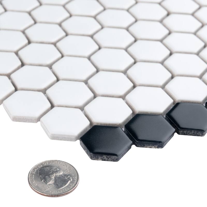 Merola Tile Metro Geo 1" Hex Matte White w/Black Edge 10-1/2" x 11-5/8" Porcelain Mosaic Floor and Wall Tile