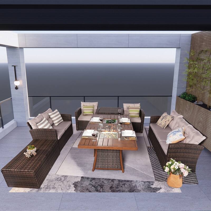 Patio Wicker Sofa Set With Firepit and Ice Container Rectangle Dining Table