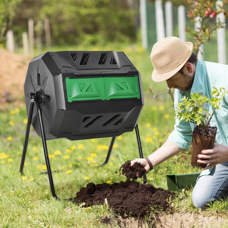 Outsunny Tumbling Compost Bin Outdoor Dual Chamber 360-deg Rotating Composter 43 Gallon w/ Sliding Doors & Solid Steel Frame - Green