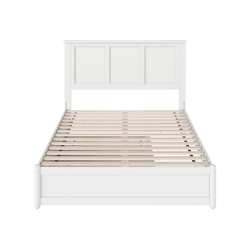 Retro Renaissance Full Platform Bed with Trundle - White Finish, Panel Footboard, Solid Wood Frame