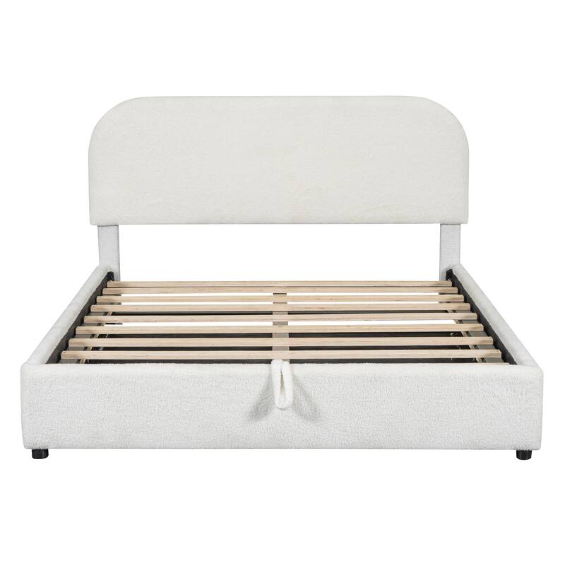 Luxury Teddy Fleece Fabric Bed Frame with Lift Up Storage, Upholstered Platform Bed Frame with Hydraulic Storage System