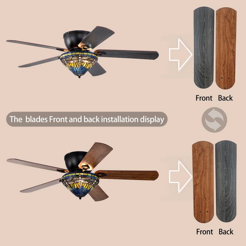 Penana 52-Inch Flushmount Lighted Ceiling Fan Green Blue Dragonfly Tiffany Glass Lamp Black Finish