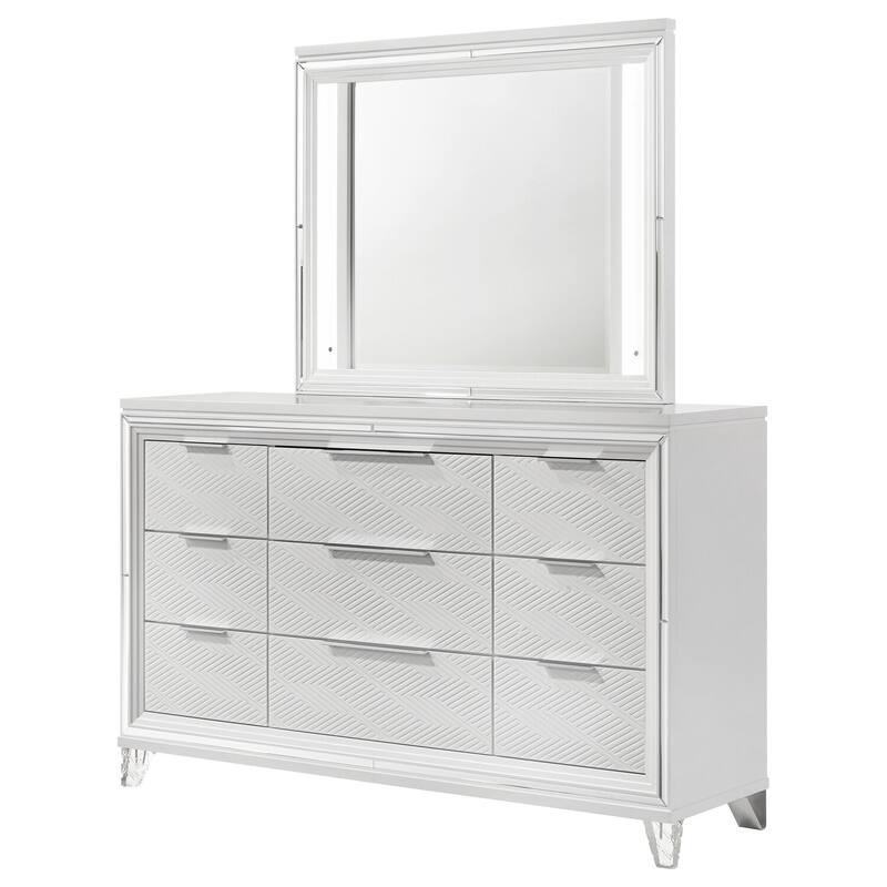 9-Drawer White Dresser and LED Mirror Set with Elegant Modern Finish, Smooth Glide Drawers, and Ample Storage
