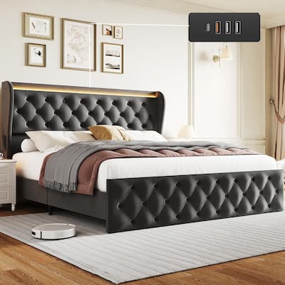 Velvet Upholstered Platform Bed Frame, with LED Lights/Charging Station/Wingback Headboard/4 Storage Drawers