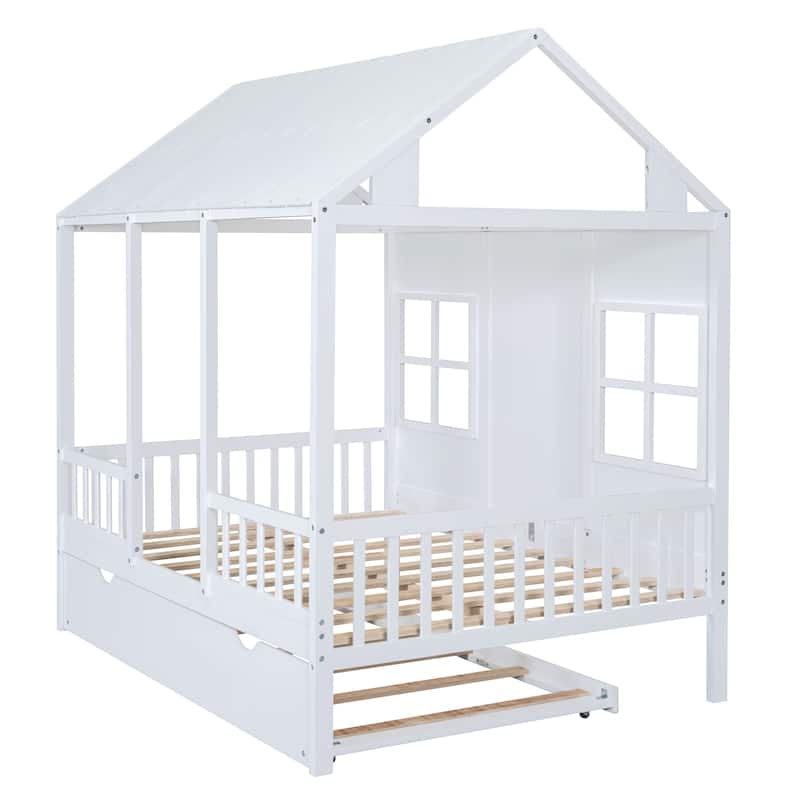 Full Over Twin/Twin Over Twin Wood House Bed, Wooden Bunk Bed with Trundle and Guard Rail for Bedroom