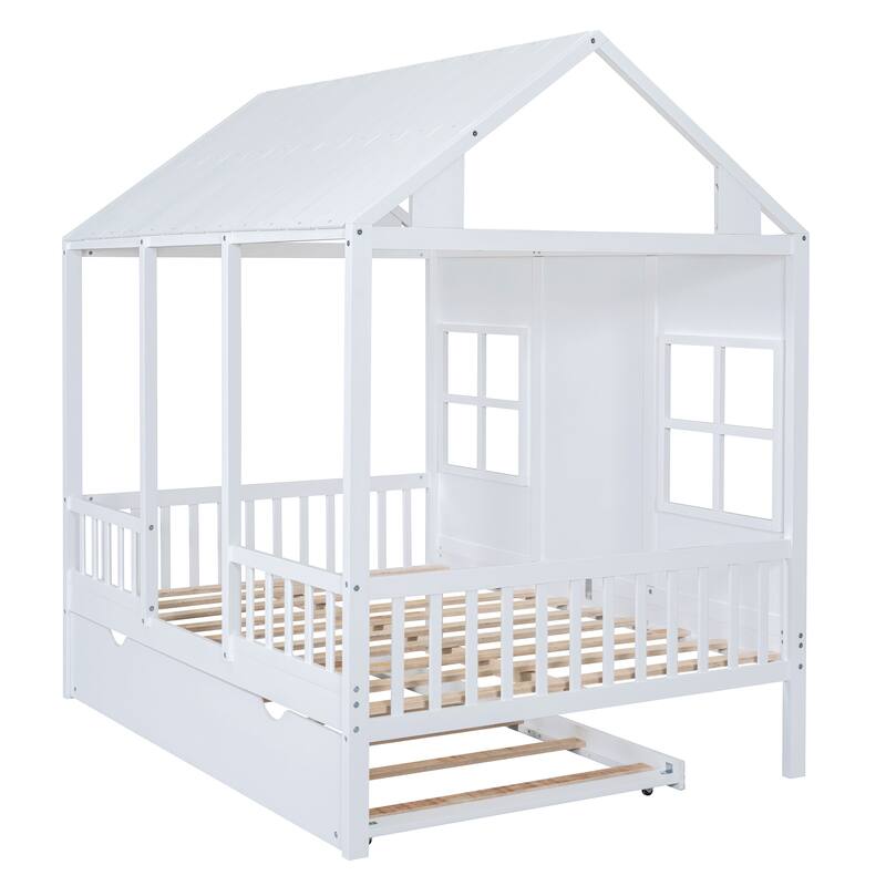 House Platform Bed With Twin Trundle, Wooden Daybed Frame with Rails, Roof and Windows, for Kids Girls Boys