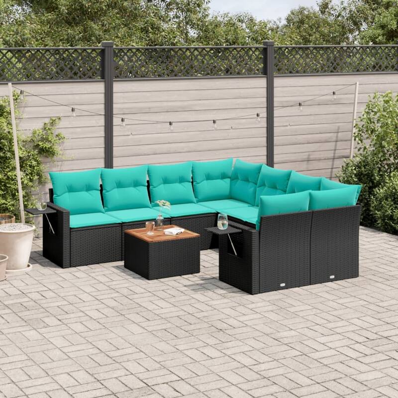 vidaXL 9 Piece Patio Sofa Set with Cushions Black Poly Rattan - 24.4x24.4x27.2