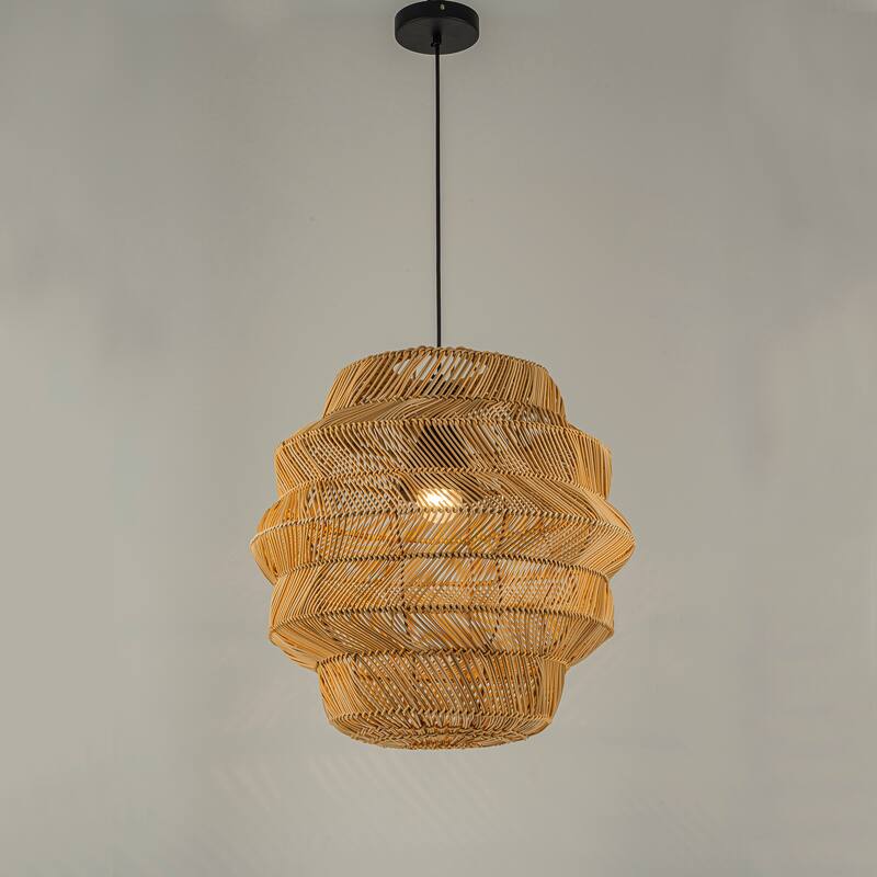 Cana 1-Light Wicker Outdoor Pendant, Coastal Boho Tiered Drum - Handwoven