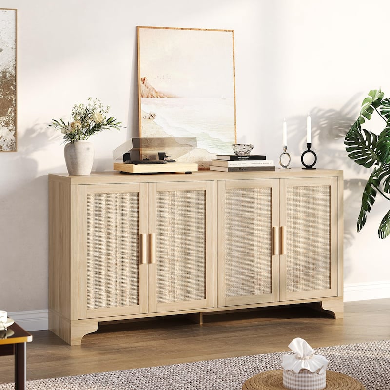 62 Inch Rattan Sideboard Buffet Cabinet, 4-Door with Shelves - Oak