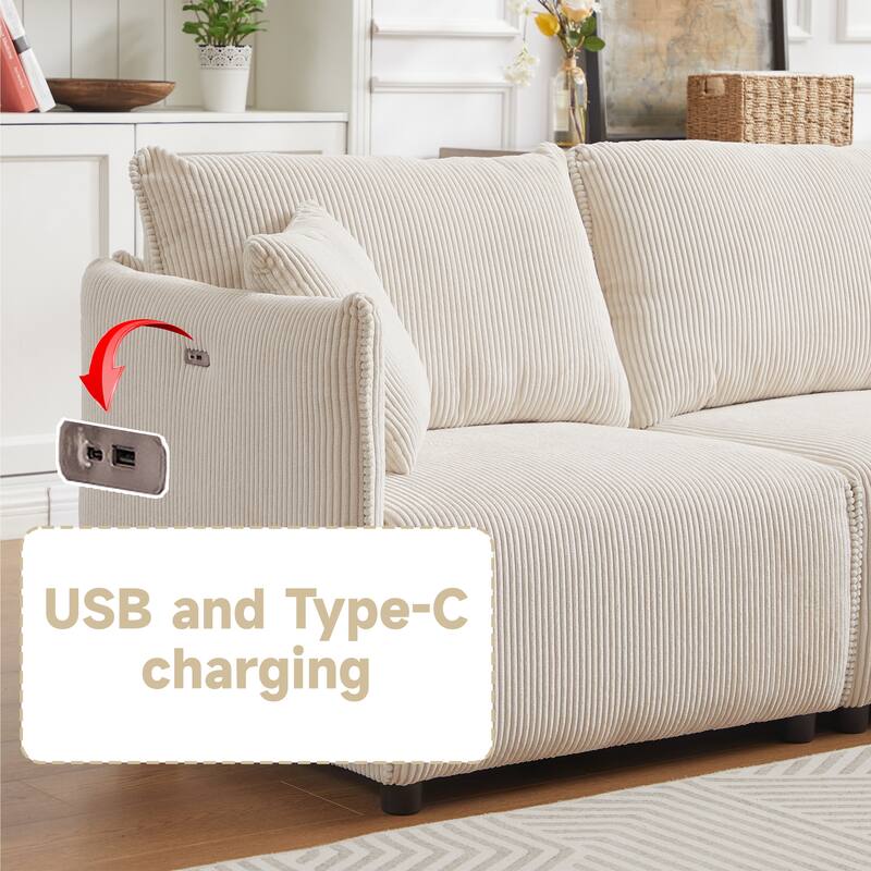 106.3" Corduroy Modular Sectional Sofa with USB-C Charging, 2 Comfort Cushions and Spring Support
