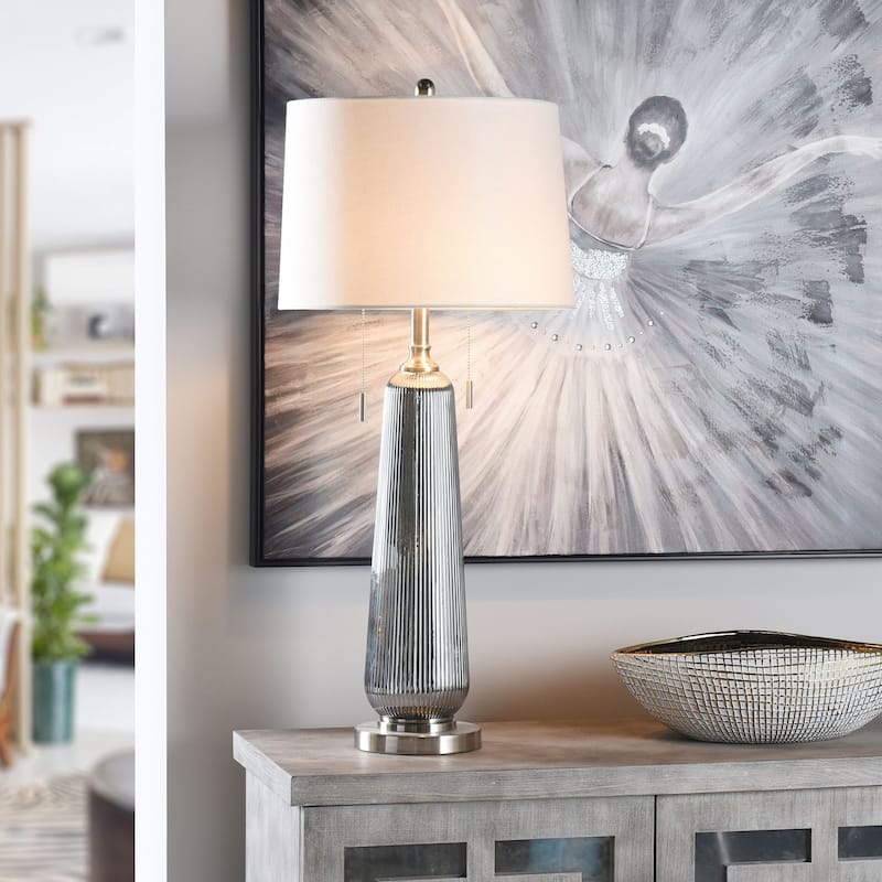Lumi Silver - Silver Ribbed Glass Table Lamp - Off-White Shade