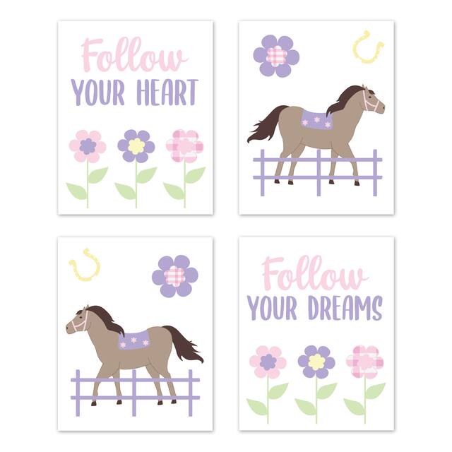 Pony Floral Collection Wall Decor Art Prints (Set of 4) - Purple, Pink, Yellow and Green Flower Farm Horse Plaid
