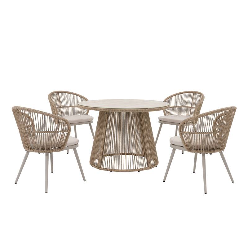 5 Pieces Outdoor PE Rattan Patio Dining Set with Round Tempered Glass Table