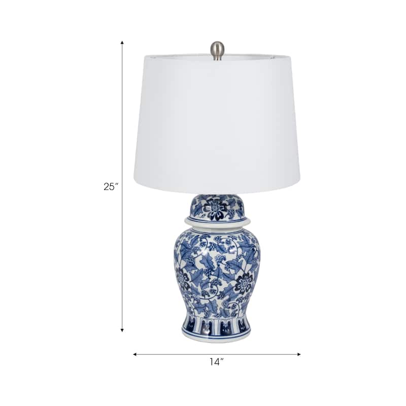 Sagebrook Home Ceramic, 25" Temple Jar Table Lamp, Blue/white, Home Decor - 14" x 14" x 25"
