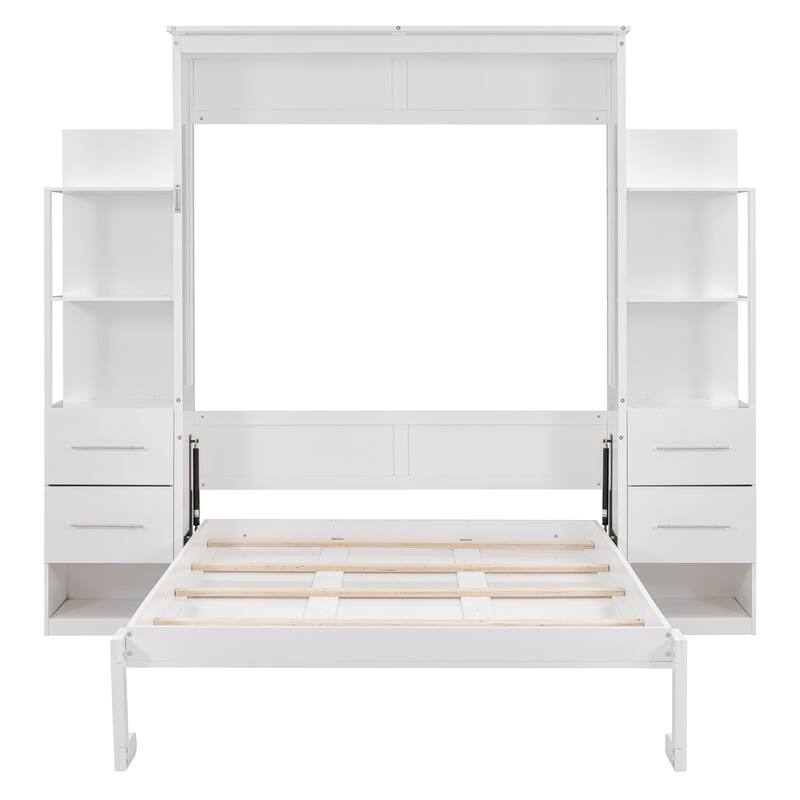 Roomfitters Wall Murphy Bed with Shelves Drawers and LED Lights MDF, White