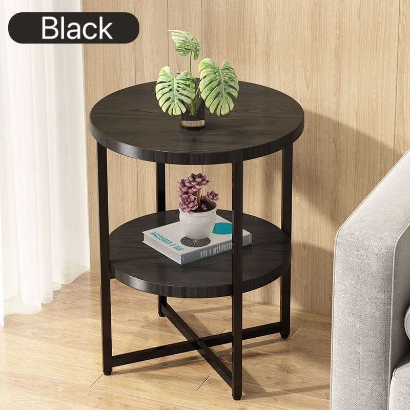 2-Tier Small Round Side Table, Space Saving End Table with Storage Shelf for Bedroom Living Room, Black
