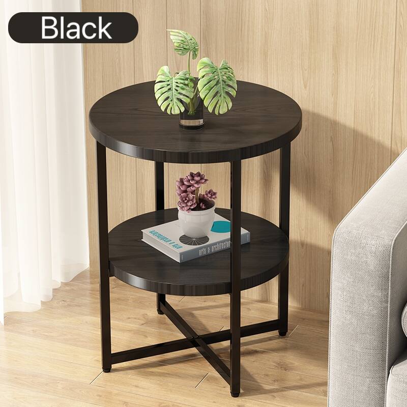 Modern Small Round Coffee Table 2 Tier Farmhouse End Table with Storage Shelf, for Bedroom Living Room, Black