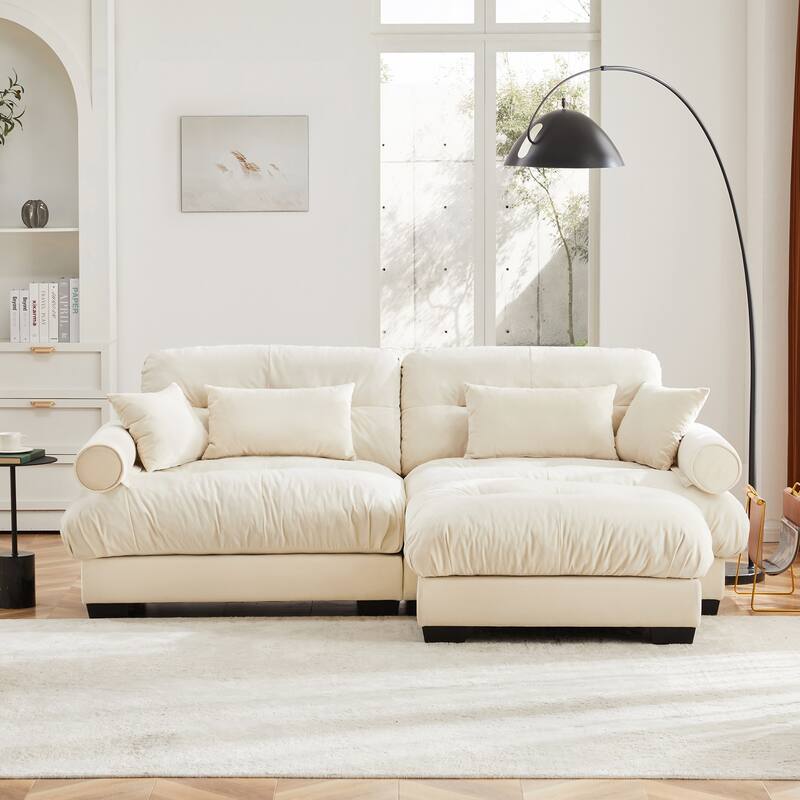 Modern Sectional Couch Comfortable Upholstered Sofa Set with Lumbar Pillow and Throw Pillow for Living Room - 2 Seats + 1 Ottoman - Cream