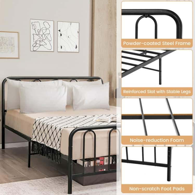 Metal Platform Bed Frame with Headboard and Footboard for Black Steel Heavy Duty with Storage Space