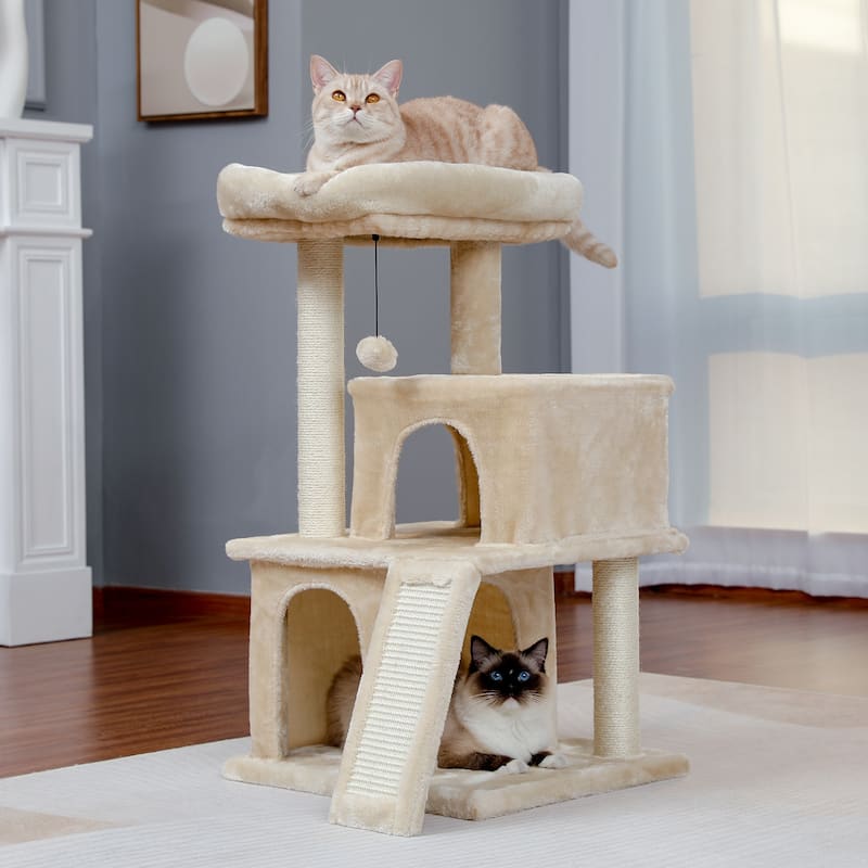 34 Inches Cat Tower with Double Condos - Beige