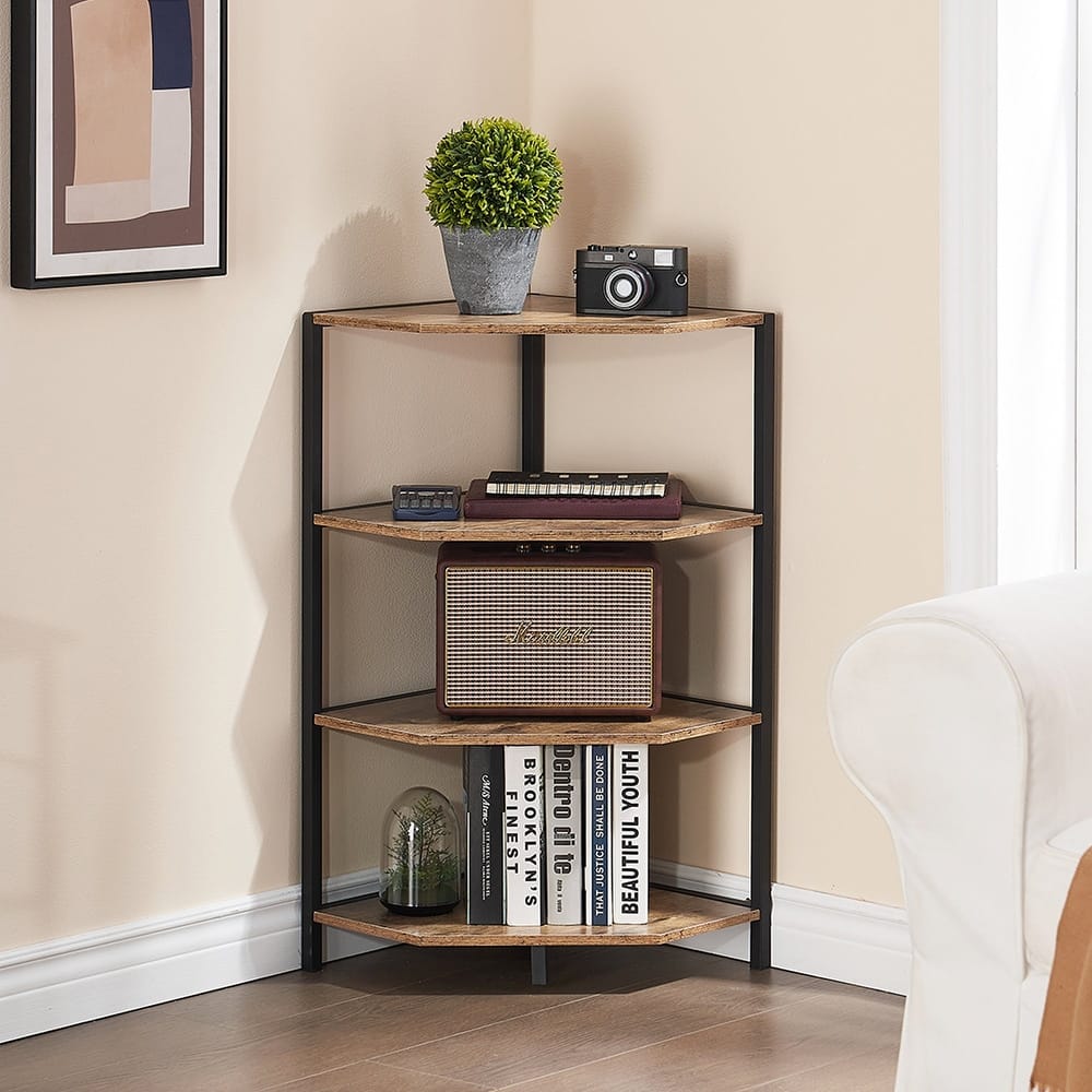 Javlergo Free-Standing 4-Tier Industrial Corner Bookcase Triangle Open Shelf with MDF & Metal Frame for Living Room