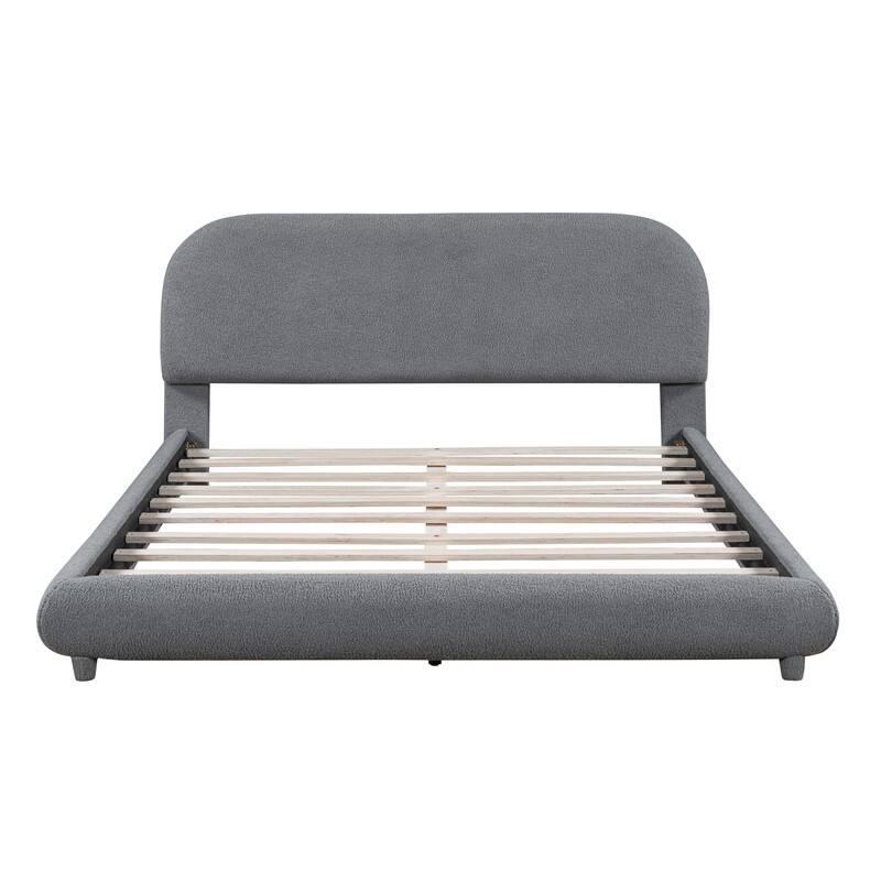 Full/Queen Size Teddy Fleece Upholstered Bed with Thick Fabric, Platform Bed Frame with Headboard & Stylish Curve-shaped Design
