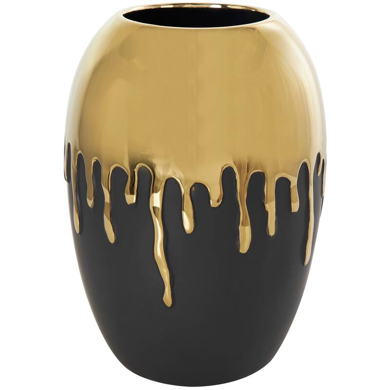 CosmoLiving by Cosmopolitan Black Ceramic Decorative Vase with Abstract Gold Melting Drips - 9 x 9 x 13