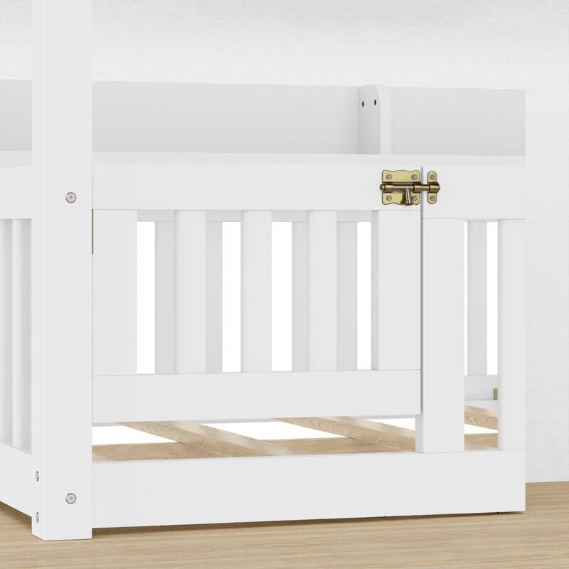 Twin/Full Size Montessori Floor Bed with Canopy and Guardrails, Solid Wood Kids Bed Frame with Shelves, No Box Spring Needed