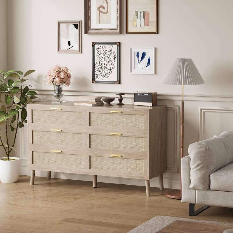 6 Drawer Rattan Dresser, 47.2" x 15.7" x 29.5" Rattan Chest of Dressers, Mid Century Modern Dresser for Closet with Handles