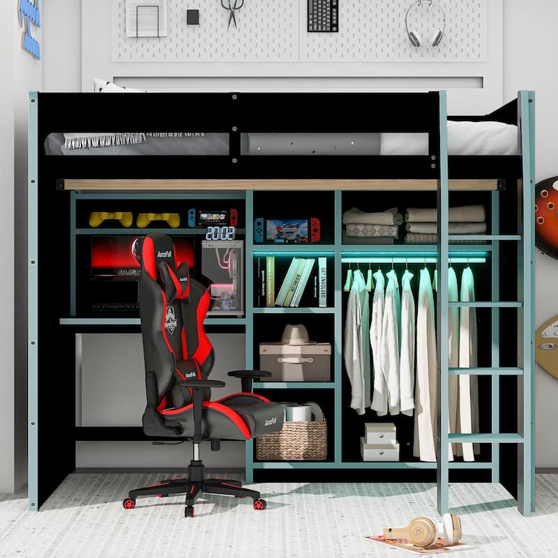 All-in-one Full Size Wood Loft Bed for Gaming & Workspace with Desk, Open Wardrobe, Storage Compartments and RGB Light Strip - Blue - Full