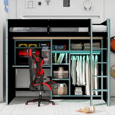 All-in-one Full Size Wood Loft Bed for Gaming & Workspace with Desk, Open Wardrobe, Storage Compartments and RGB Light Strip