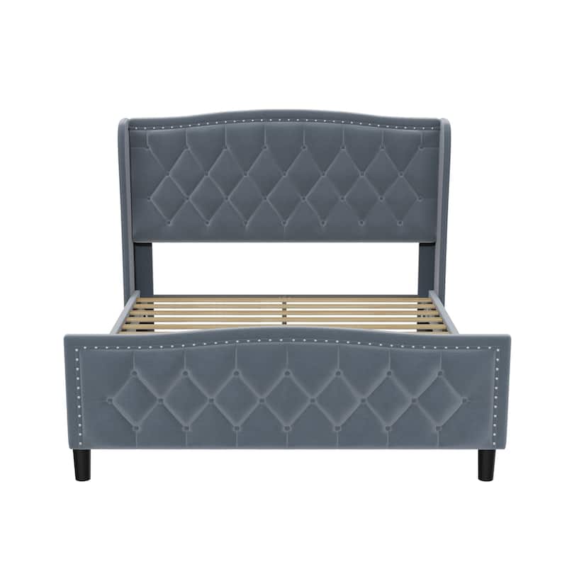 Queen Size Modern Velvet Platform Bed with Wingback Headboard & Wooden Slats