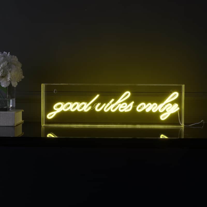 Good Vibes Only 20" X 6" Contemporary Glam Acrylic Box USB Operated LED Neon Light, Yellow by JONATHAN Y - 20" X 6"