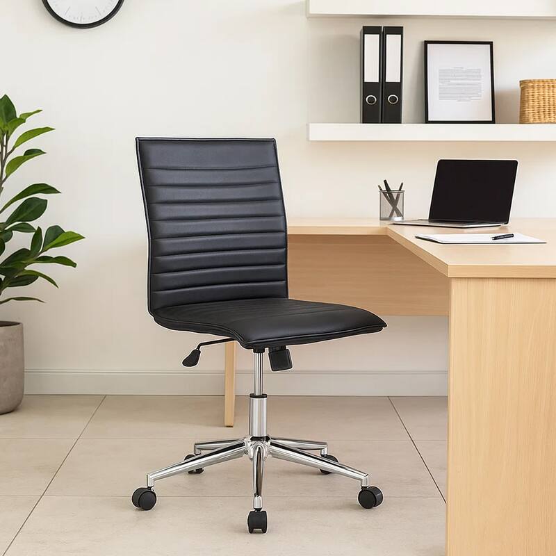 Haily Rolling Armless Commercial Grade Chair with Chrome Base, Black Vinyl