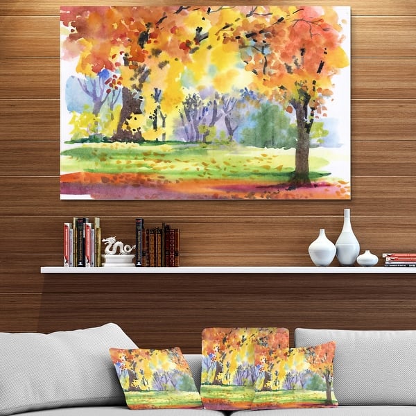 Autumn Park Yellow Trees Watercolor - Landscape Glossy Metal Wall Art ...