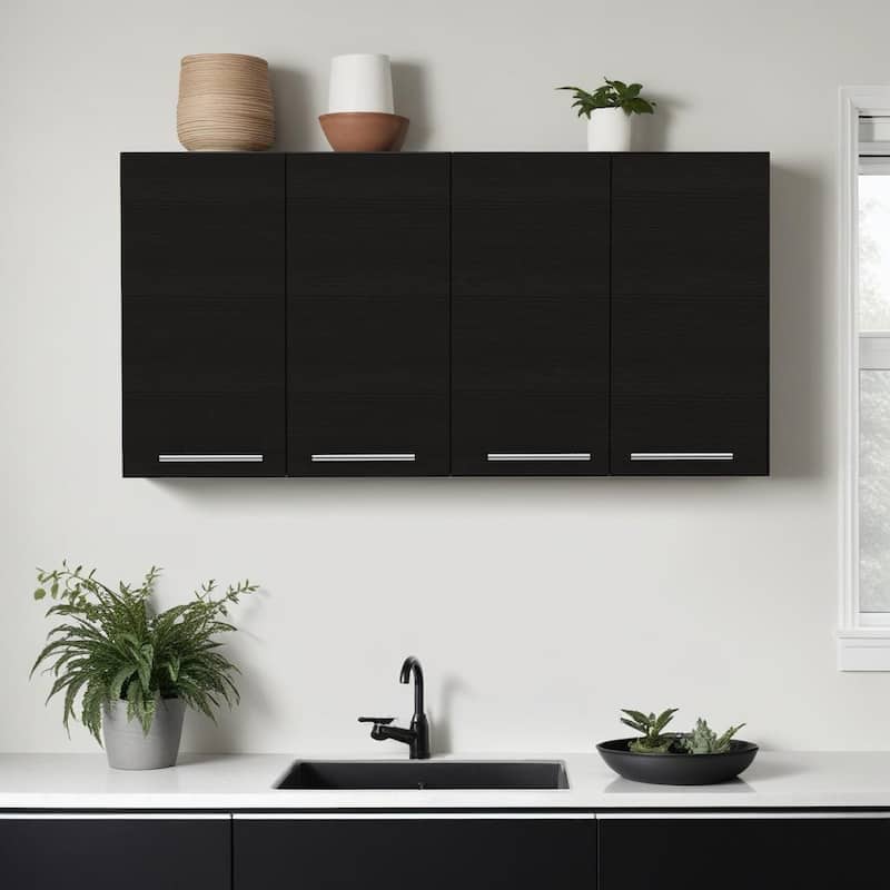 HomeRoots 47" Black Wood Wall Mounted Accent Cabinet With Four Doors - Black